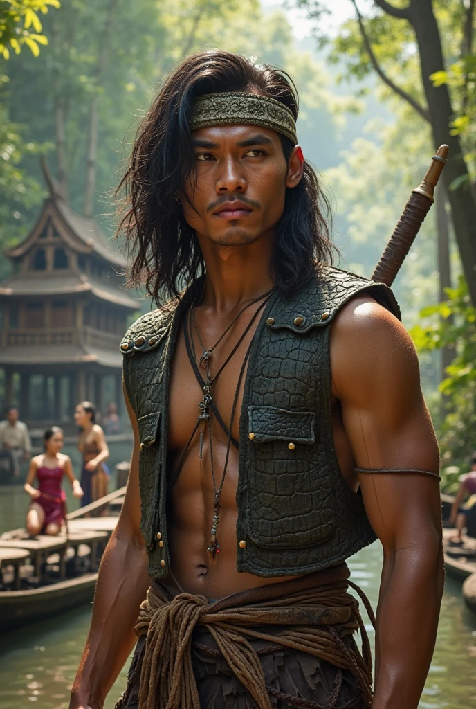Draw me a picture,a bare-chested man,he wears a belt and typical Javanese clothing such as batik cloth and a shawl,she didn't wear any jewelry except a small necklace,he wears a belt and in his belt is a keris,he also wears shorts,her hair is tied in a bun,and he wears a quiver of arrows on his back, his body is slim and his skin is a bit white but he looks handsome,his face has no moustache or beard,he faces forward with his arms crossed
