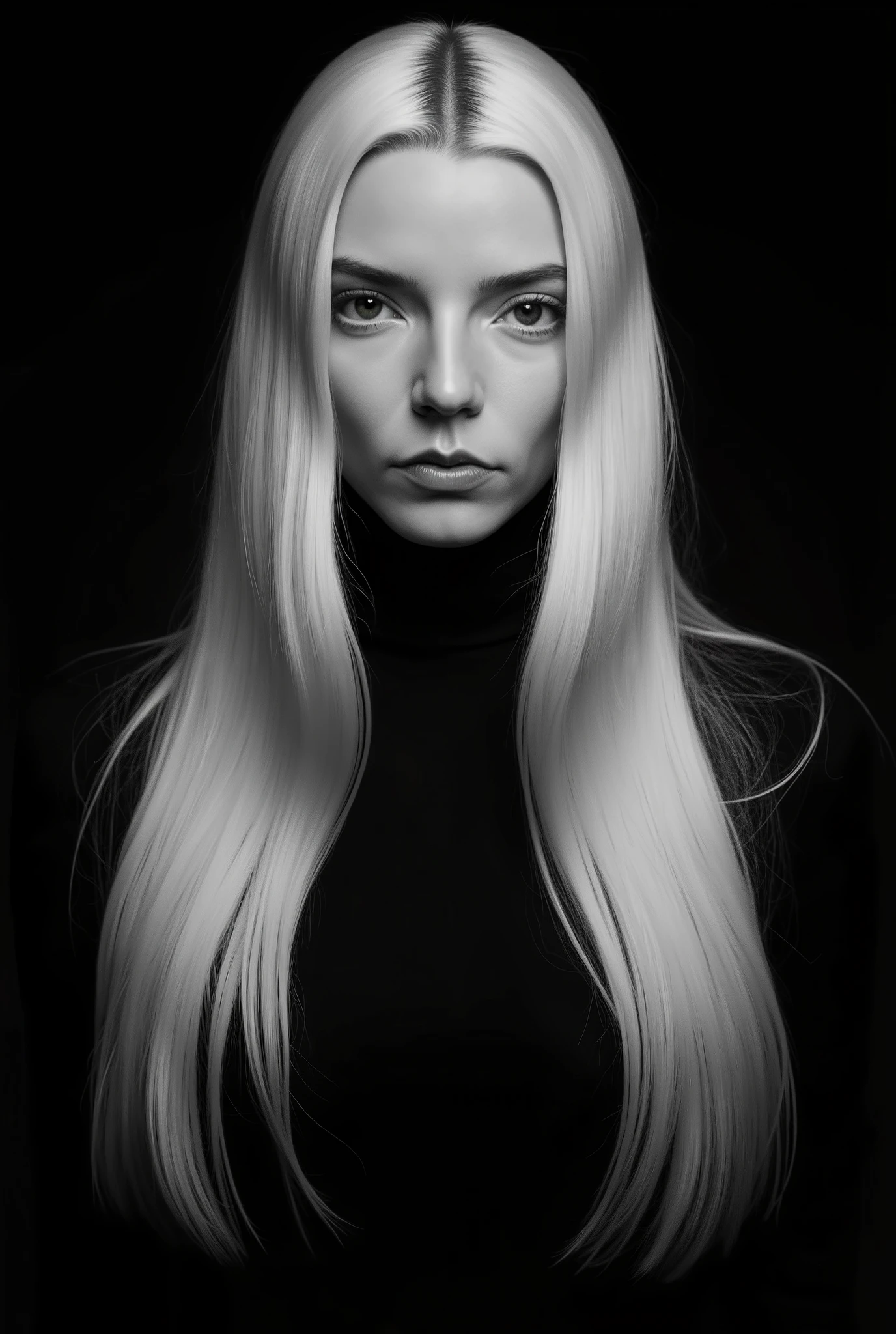 In a monochromatic setting, a subject showcases striking long, blonde hair that flows freely over their shoulders. The hair is characterized by its smooth texture and subtle layers, catching the light in gentle highlights that contrast against a shadowy backdrop. The choice of black attire blends seamlessly with the dim surroundings, enhancing the overall mystery and timelessness of the portrait. The composition focuses on the interplay between light and darkness, emphasizing the graceful lines of the hair and the serene calmness of the scene. close-up portrait, piercing gaze, high quality, photorealism, masterpiece, professional photography, classic black-and-white photography, intricate details,