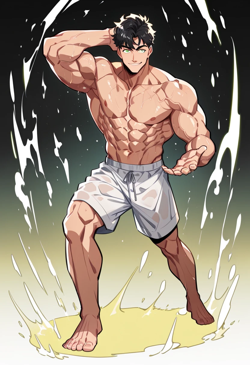 Roy Mustang from Full Metal Alchemist, shirtless, bodybuilder, smug smile, wearing skirt, seen from below