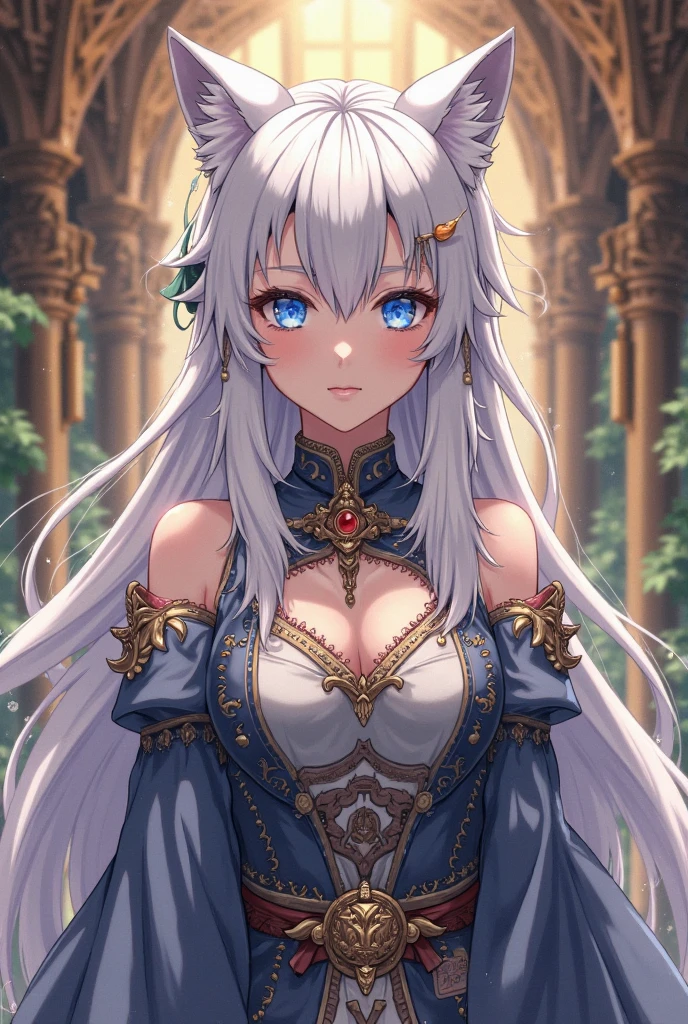 Aasimar, Twilight Cleric, Silver hair, Blue eyes, glowing eyes, moonlit forest, female
