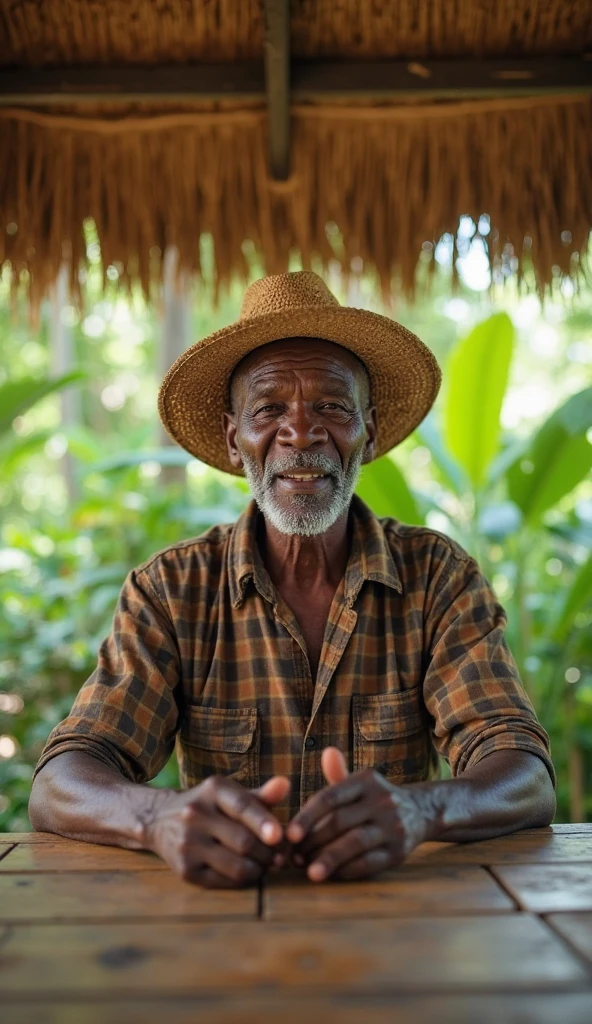 An old black man who was once a slave wearing a straw hat,  in white t-shirt and white pants sitting on a tree trunk, with pipe in his boa and a cane in his hand 