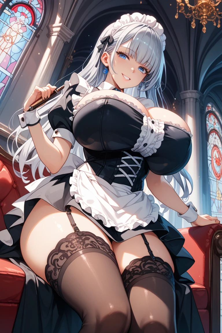 black maid dress, huge tits, visible tits, 1 girl, long white hair, light blue eyes with red, white bed, white lingerie stockings.