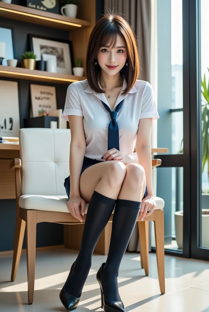 学校の教室に立つ1人のpretty girl,Red Tie Uniform,Dark Blue Closed Blazer,blue plaid miniskirt,18-year-old,Brown hair short cut with side waves,best smile,thighs,knees,random pose,pretty girl,slender girl,I'm sitting on a desk in the classroom with my legs apart.,My skin is beautiful,wear black loafers,natural makeup,The skirt is turned up a little,