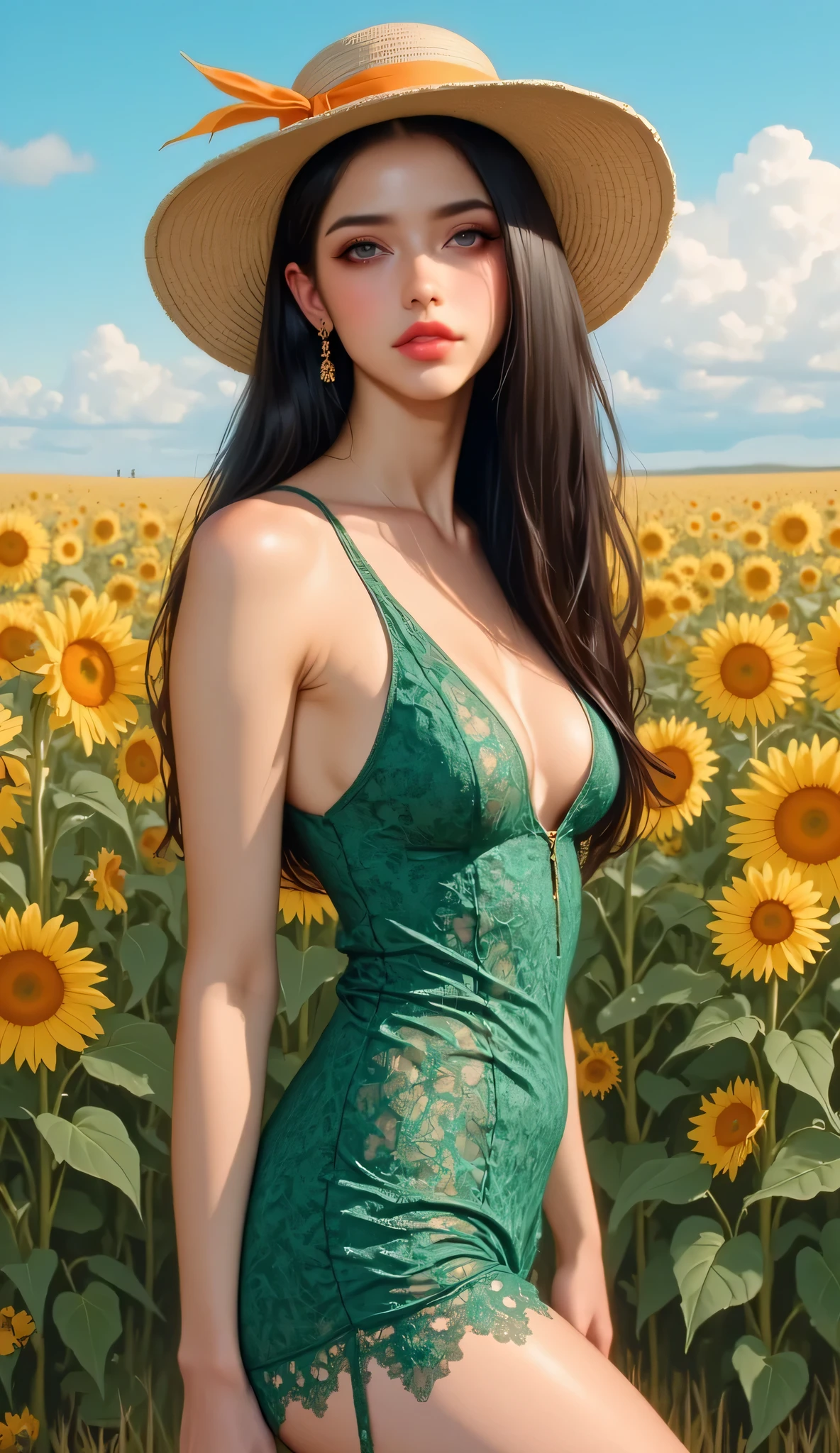 one female, ((Highest quality)), ((masterpiece)), (detailed), ((very detailed face)), High resolution photograph, full body portrait, slim face, pretty woman, (dark brown long hair), brown eyes, detail eyes, double eyelids, (Beautiful Delicate Eyes and Lips), Under the midday sun, bright sunlight, (wearing a spring green lace dress), relaxed dress, (Wearing a women's wide-brimmed straw hat with a brightly colored ribbon), In the sunflower field, standing in a dynamic pose, Bright light, (Her long hair is fluttering in the wind), (Clear blue sky),