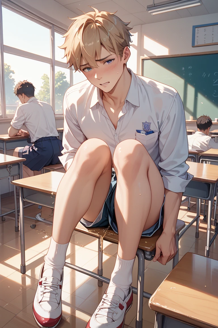 (absurderes, A high resolution, Ultra detailed),((Masterpiece)), ((Best quality:1.1)), high resolution, 8K,1boy, (?????? bulge:1.1), shaded face, (White crew socks:1.1), (White ribbed socks:1.2), no-show socks, Invisible socks, Toes under socks, Shorts,Seamless socks, (puffynipple :0.8), (From below:1.1),
 Blue eyes, view the viewer, Short hair, Facial, hand on knee, athlete,
seat on school staircase steps,Anime style, Indoors,  look