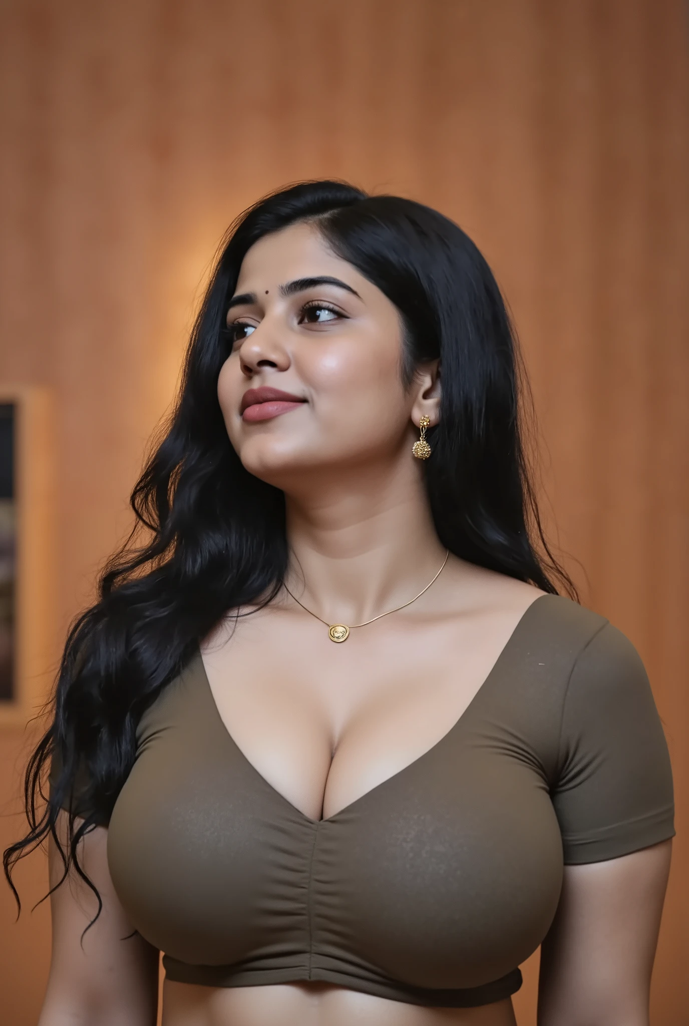 photo of kerala mallu reshma in bedroom kerala.Reshma is curvy chubby shaped.reshma is average sized body. perfectly fit body figure with big and indian fair skin tone and black hair.wearing purple sleeveless blouse in bedroom showing navel and deep cleavage .Realistic photo.Realistic photo. High quality photo.photo taken in nikon camera.full size photo.indoor photo.front photo.full size photo showing hip