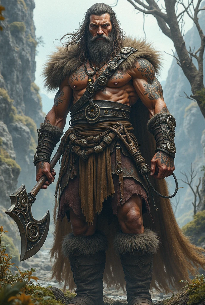 create a bald medieval barbarian, with a respectable mustache and light clothing and a bearskin cape, being 2 1,77 tall and an incredible physique, according to a two-handed glaive