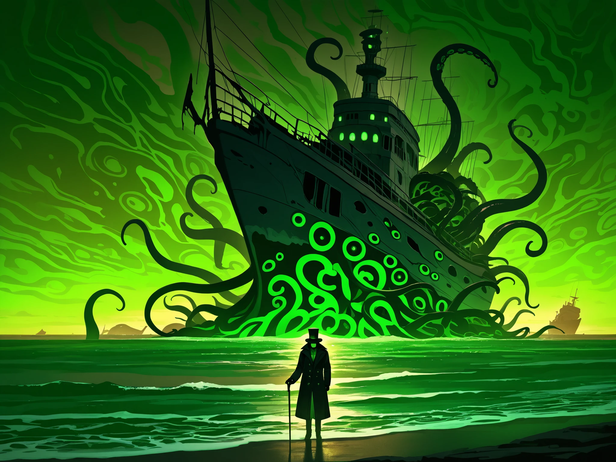 Man's Silhouette, landscape, horror, abstract background, yellow-green background, standing still, top hat, coat, best quality, no face, holding cane, dark silhouette, chthonic, tentacles at backrgound, ship wrecks. wrecked ship, at seaside, back to viewer, sea monsters, best quality,