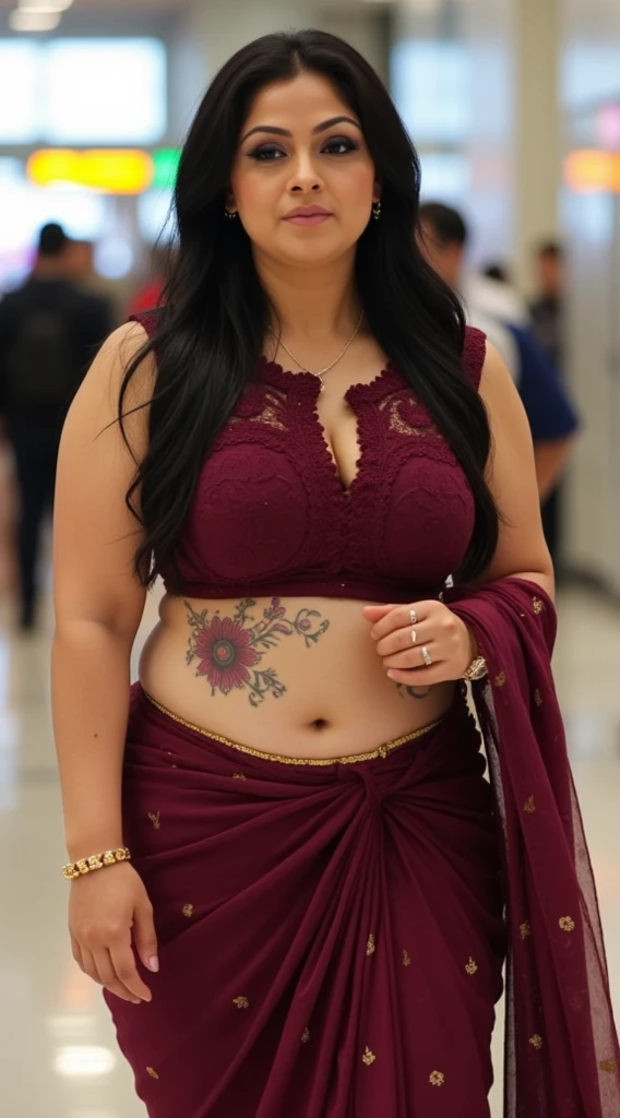 Photograph of an Indian babe, Waring a traditional black saree and blouse, black blouse, rich, black saree, black blouse, Tattoo , full body tattoO, belly tattoo, hand tatto, face tatto, sexy body, huge boobs, big breast, sexy cleavage, cleavage, Indian chubby babe, 27 years old, mature figure, chubby, fatty, hot, hot face, real, realistic, bright, bright light, real face, soft shadow, Soft lights, Tatted, High quality, masterpiece, Canon r 5, 85mm, f 1.4, emphasis on the tattoo, 4k