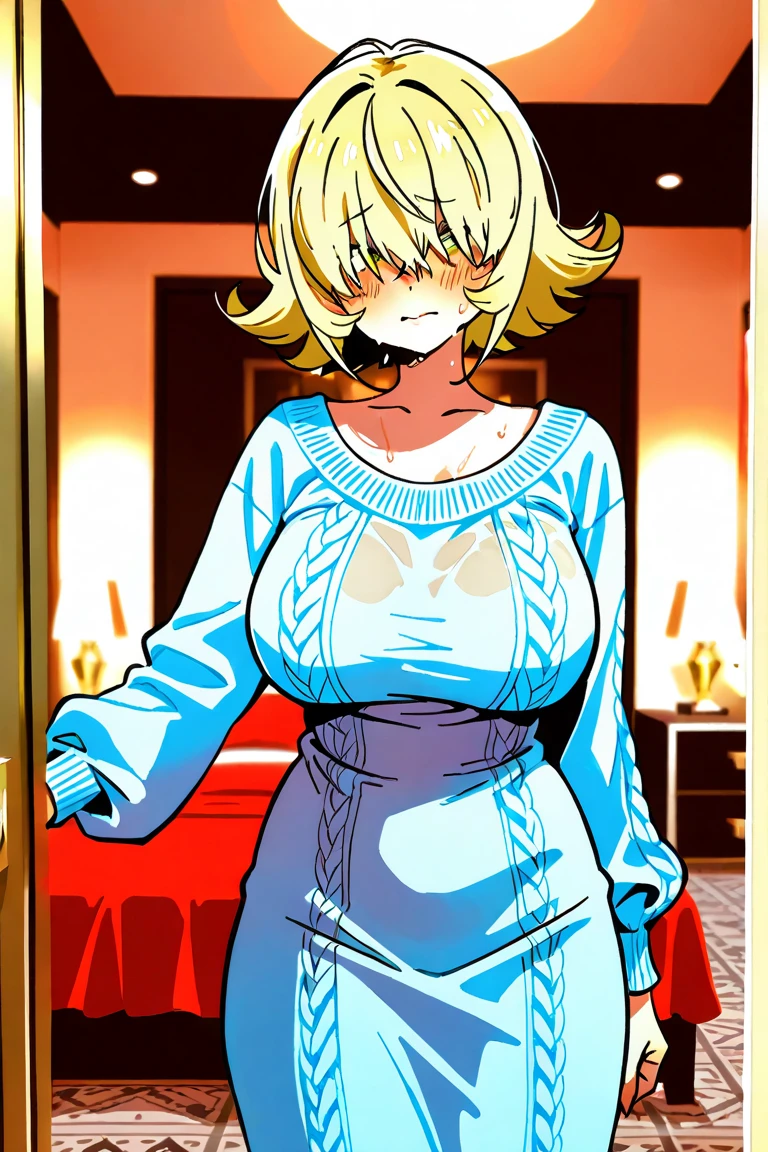 Queen Hilling,
1girl, blonde hair, blue eyes, big breasts, crown, dress, gloves, pointy nose, queen, red victorian dress, white fur tuft, solo, white background, white gloves, mature female, beautiful, perfect anatomy, solo
