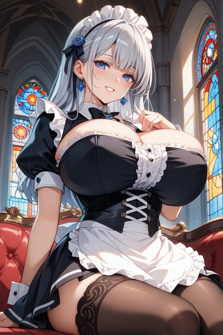 Mary_vm, huge_breasts, standing, 独奏, Victorian_Maid_uniform, masterpiece, best quality, detailed face, detailed eyes, highres, Super huge big breasts breast enlargement looking at the camera and smiling full-body shot sexy black garters