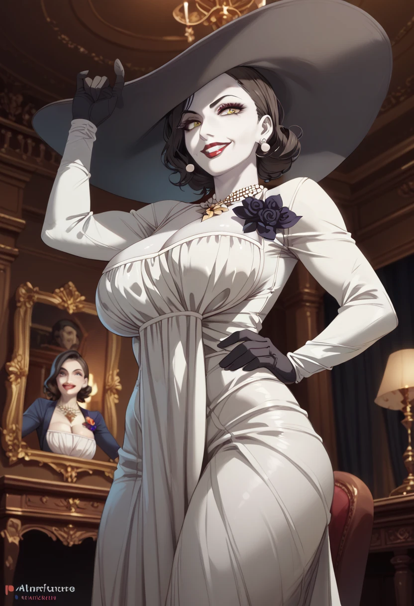 Alcina,yellow eyes,black hair,short hair,
white dress with flower, single earring,cleavage, black gloves, veiny,
upper body, standing, cowboy shot, curvy, leaning forward,
looking at viewer,smile,
castle,indoors,night, desk,
(insanely detailed, beautiful detailed face, beautiful detailed eyes, masterpiece, best quality),solo,