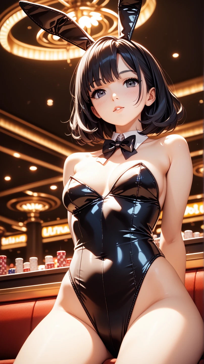 absurderes:2.0、(Blush、happy smile、blunt bangs、solo)、japanese actress, realistic, Unity 8K Wallpaper, Masterpiece, Realistic face, Realistic skin feeling ,detailed hair, highly detailed, realistic glistening skin, light makeup, (playboy bunny,fake rabbit tail, black fake rabbit ears, pantyhose, black pantyhose,bowtie, wrist cuffs, enamel leotard)、curvy、big breasts, black eyes)、Casino, retro bar、
