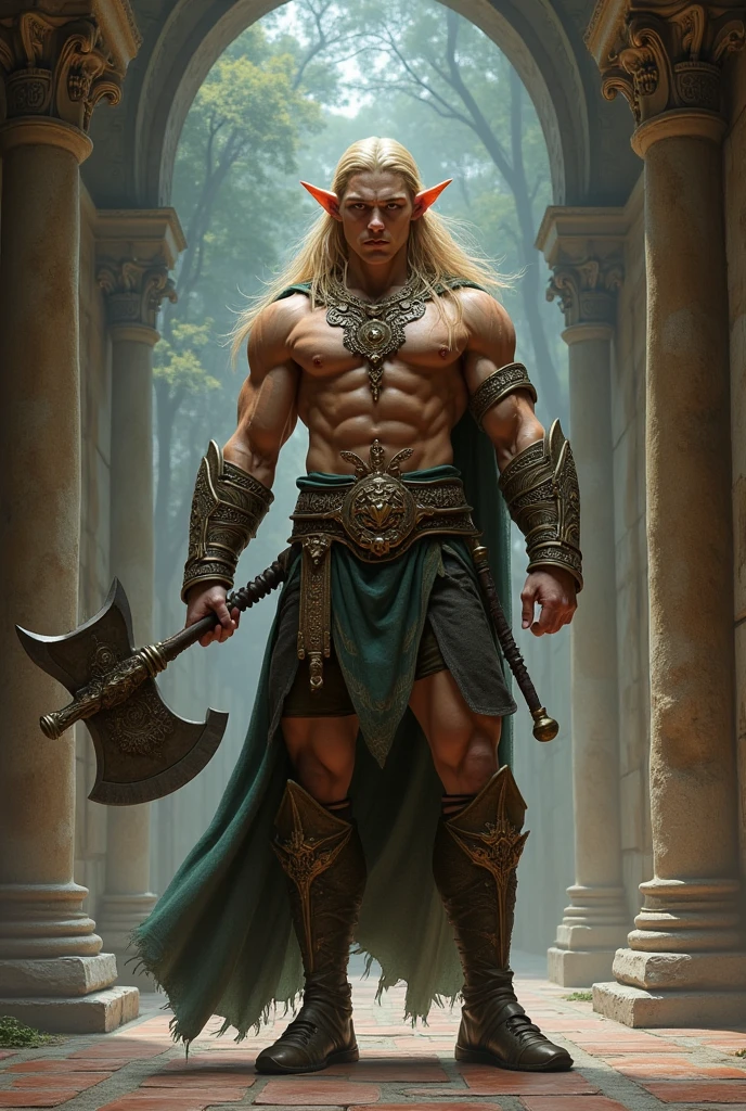 lithe and agile Male Half-Orc warrior, holding a Warhammer in one hand and a Battle Saddle axe in the other, depict a ghostly electric arc surrounding the Warhammer and Saddle axe, ((head-to-toe body perspective standing in leather boots:1.5)), (light ivory forward combed hairstyle:1.5), (intricately detailed vermillion eyes:1.5), inspired by Noah Bradley, noble half orc male, from pathfinder second edition, The character is dressed in red-brown with white trim lamellar armor, orbital earrings, pearl blackberry skin tone, and marble white tusks, androgynous, magali villeneuve'