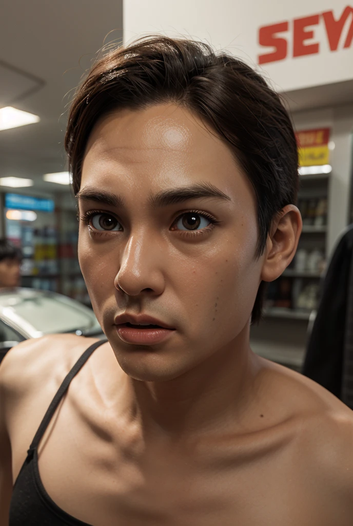 realistic, photorealistic, artstation, detailed eyes, detailed face, 4 K,muscular boy, teenage boy,male, (white singlet), black hair, (boy short hair in a fringe),Japanese male hairstyle, (biggest chest: 1.3),perky juicy pecs, (close-up face: 1.2), fair skin, handsome and goodlooking boy,gentle smile,gazing at the camera,(walk down the street:1.5),cyberpunk,hazy style,(vague),Impressionistic style,(微分碎盖:2)