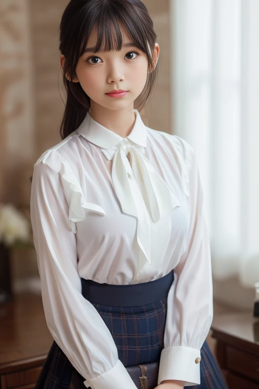 ((beautiful girl:1.3))((uniform:1.4))((panty shot:1.3))((sweaty:1.5))((face flushed:1.4))((medium breasts:1.4))((Close-up:1.2)) highest quality、masterpiece、ultra high resolution、(photorealistic:1.4)、Raw photo、(real skin texture:1.3)、(film grain:1.3)、panorama、character portrait、very wide shot、narrow waist、cowboy shot、(in the dark、deep shadow、moderate、in the cold light、)night、(())、flowing tears、、dust、Tyndall effect、(expression),1girl,beautiful detailed eyes and face,white jabot,brown eyes,((brown hair:1.2)) ((whole body:1.3)) ((smile:1.3))、((Super long brown hair:1.2))、((Hair with loose waves inside:1.2)),、((white long sleeve button up blouse_with collar_Remove up to the second button_brown pleated mini skirt:1.3)),in the school classroom、Standing gracefully