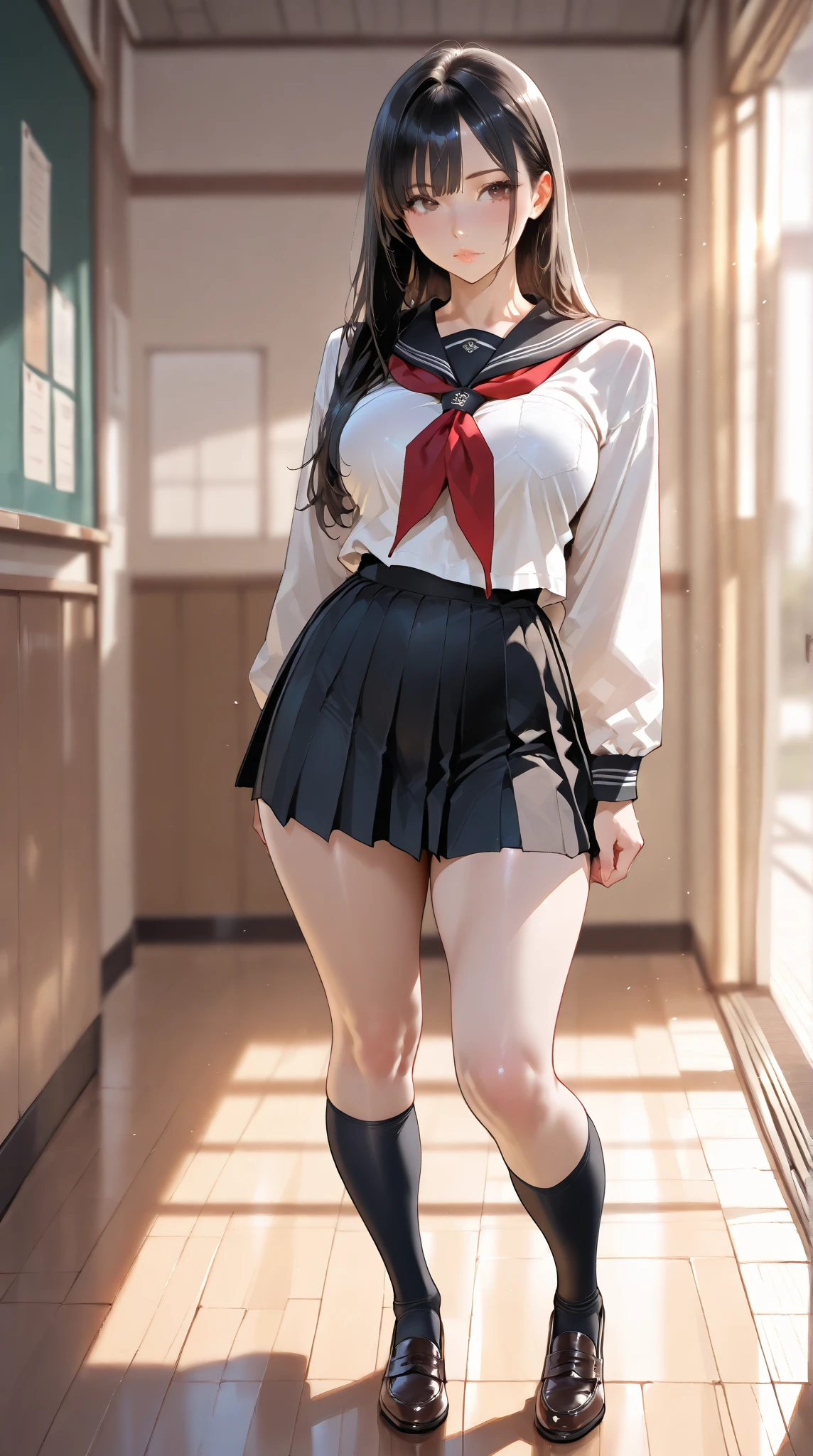 ((Correct Anatomy)),(Detailed image quality),(Female student)、((school uniform))、((Sailor suit))、(Mini Pleated Skirt),(((Black Stockings))),((School Uniform)),((standing)),Ultra-high resolution,Mature Woman, Mature Woman, Very detailed,Sunburned skin,Brown Skin,((Beautiful legs)), (Big Breasts),((Beautiful feet)),Perfect hands, Detailed fingers, Beautiful details, ((Long Hair)),((ponytail)),Black Choker, Earrings,loafers,Perfect Eyes, Captivating eyes,(School stairs)