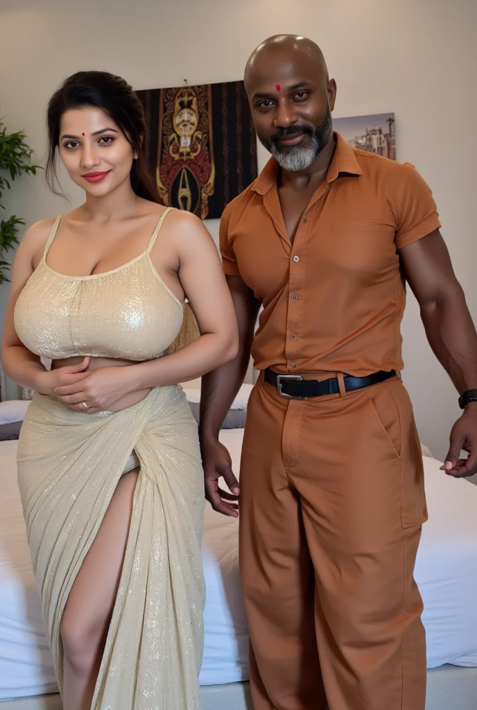 (masterpiece) (realistic) (potrait of an old man and a mature woman) Brunei Woman 59 years old (nude curvy hourglass figure mature woman) (sexy chubby body shape) (perfect anatomy and body parts) gorgeus eyes with soft smile, anmature woman leans next to an older manThe older man holds the woman and touches it，The old man touched the woman's chest, Saggy big breasts, cleavage  oppai, professional photography with excellent lighting