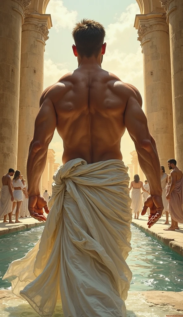 In John Singleton Copley art style, AMBIENT LIGHT, fullbody, fullbody view:, Becoming the subject view, fullbody, 2 point perspective, the young man is tall, ripped fitness body, latino, having fun with all the gods of olimpus in olimpus, detailed face, detailed muscles, wavy short black hair, fullbody, young man, the young man is shirtless, barefoot, detailed foot, wearing the expresion of the young man is full of joy and hopefulness expresion, e, 8K resolution, HD