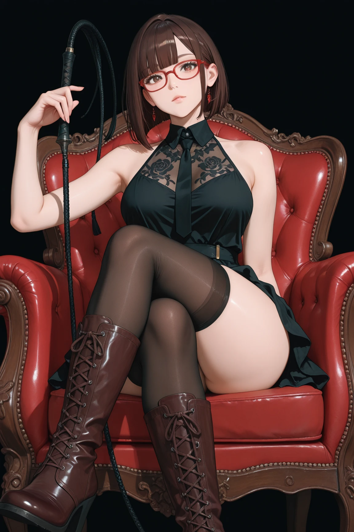 1 girl 1 man, (((a girl, mistress, female dominatrix,bun hair, long sleek coat with spikes, dominant, gigantic huge breast with shiny corset, long sleeves, black gloves, (black laces knee-high boots:1.4), devious, seductive, evil, ruthless, cruel, confident, cape))), (sitting man face). | (((a man, naked, tied, bondaged, helpless, being raped, harass ))) ((female domination)), ((female supremacy))