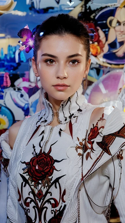 In a striking 16K UE5 editorial photograph, Olivia Gibbs poses against a vibrant patchwork backdrop reminiscent of ancient Rome's colorful mosaics. The model wears an exquisite Haute Couture ensemble: a lavish velvet dress with intricate ruffles, complemented by a dazzling diamond necklace and earrings forming a collar. Her loose braids adorned with crystal beads shimmer in the bright sunlight, accentuating her features. Against this whimsical setting, Olivia strikes a bold pose, surrounded by blurred lines, distorted shapes, and edgy silhouettes that defy gravity.
In a vibrant, swirling vortex of psychedelic art, a 1.3-meter-tall blonde-haired girl with twintails stands confidently, her eyes glowing with an otherworldly intensity. She wears oversized street-inspired clothing with graphic prints and bold accessories, exuding an air of futuristic coolness. The cowboy shot framing captures her striking figure, with the digital sculpture's 3D form seemingly bursting forth from a sea of hallucinatory visuals. Mind-expanding imagery abounds in this ultra-detailed, high-resolution artwork, a true masterpiece of innovative design and cutting-edge technology.