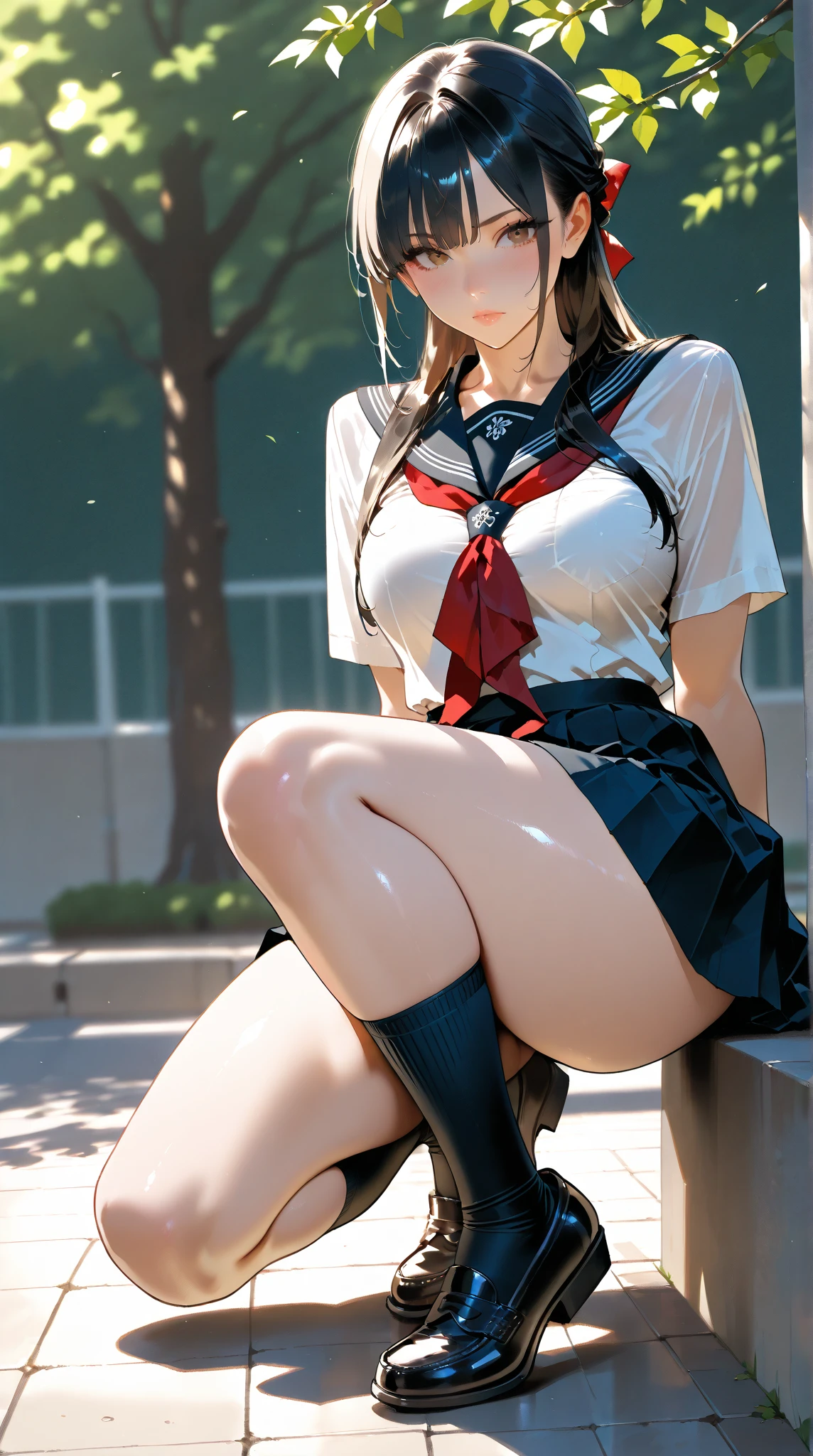 (masterpiece:1.2, highest quality), (realistic, photorealistic:1.4), beautiful illustrations, (movie lighting), Depth of written boundary, looking at the viewer, Front view, 1 girl, Asian, 18 years old, ((bob hair)), perfect face, Cute symmetrical face, shiny skin, asymmetrical bangs, Big eyes, ((shaved pussy:1.5)), ((Anatomically perfect body:1.5)), ((Pink nipples)), long eyelashes, beautiful hair, beautiful face, fine and beautiful eyes, beautiful clavicle, beautiful body, beautiful breasts, thin thighs, beautiful feet, beautiful fingers, ((school uniform )), (vaginal sex:1.5), (beautiful scenery), Outdoor Exposure, droopy eye, (cum in pussy:1.5), sex, erotic, A hairless pussy, hetero, cowgirl position, Inserting a penis into a pussy, (smile, Upper grade)