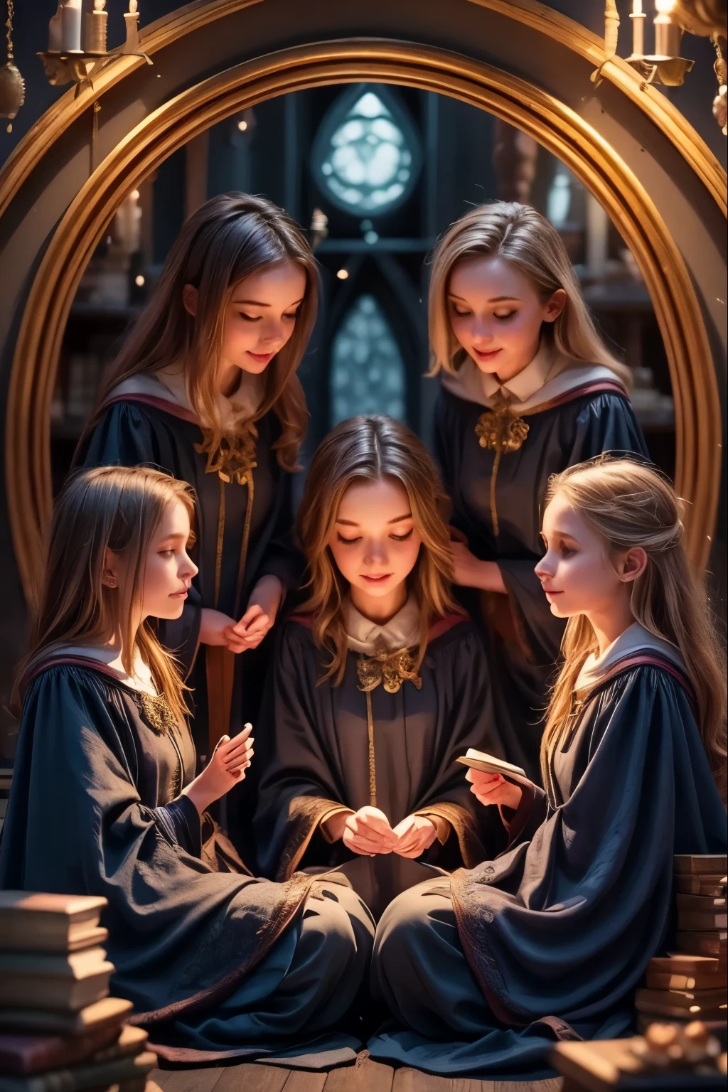 A majestic classroom of magic lit by floating candles and glittering spells. Four young witches, each representing one of the houses of the prestigious Eldoria Academy—Lumen, Umbra, Aether, and Terranova—are seated at their seats, concentrating on an advanced spell. At the center of the scene, Professor Selene Veyra, wrapped in an elegant midnight blue cloak, casts a powerful incantation, while objects levitate harmoniously around her. The atmosphere is charged with magic, with luminous trails dancing in the air and ancient tomes floating above the students. The style is intended to be detailed and fantasy-like, with bright colors and a touch of mystery.