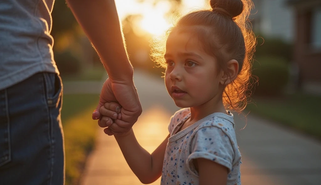 A small boy holding the hand of girl