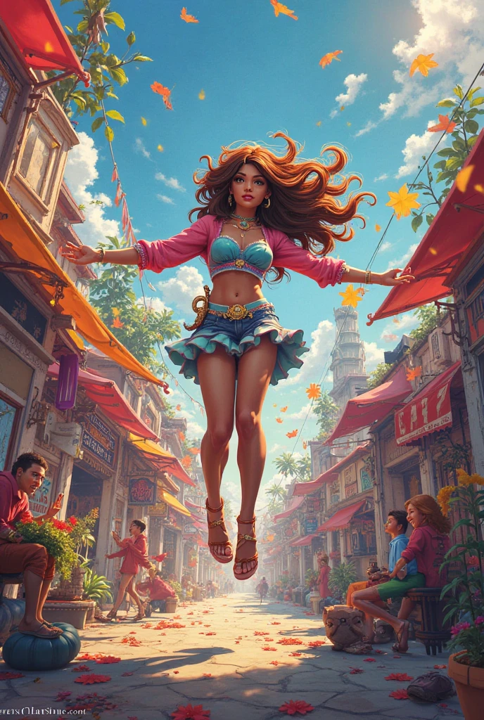 Full body portrait、(Girl floating in the air with a big colorful umbrella:1.9)、Low angle view、Blue sky background、(Highest quality、4K、8K、High resolution、masterpiece:1.2)、Super detailed、(Real、Photorealistic、Photorealistic:1.37)、Fantasy、magical realism、dream-like、Whimsical、Bright colors、Dramatic lighting、Soft Focus、Cinematic、Intricate details、A wonderful composition