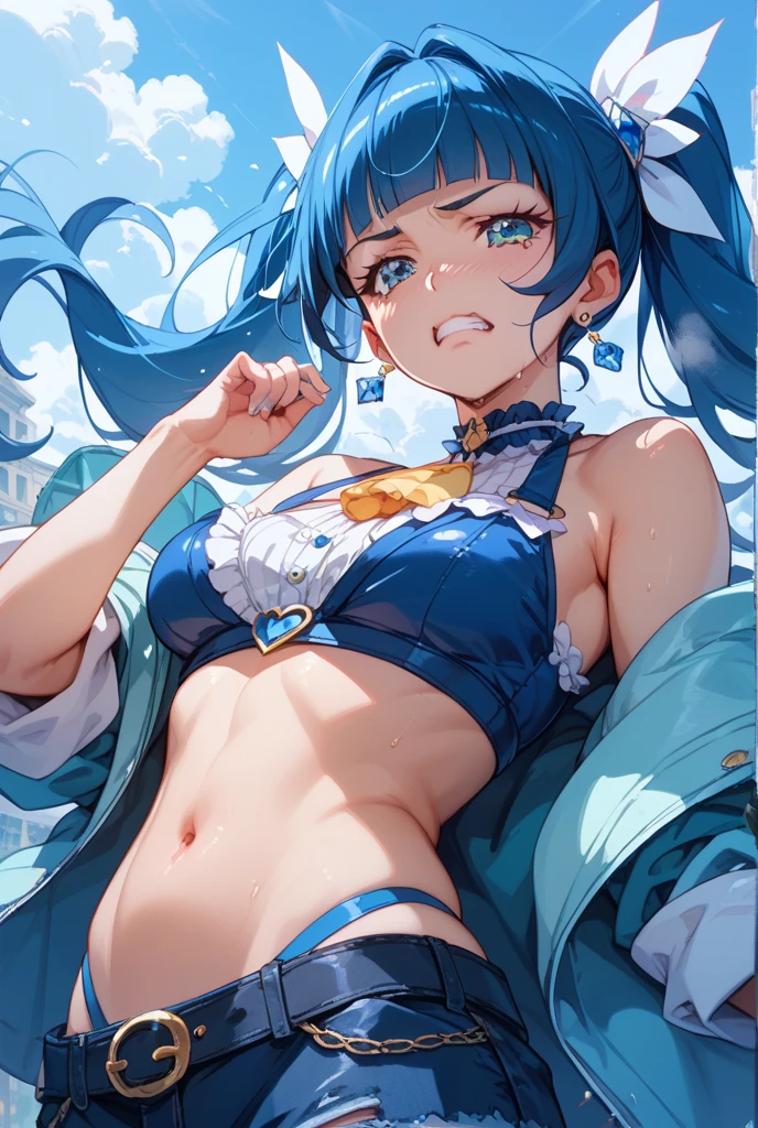 (((1girl))), hands up, long hair, tank-top, jacket, open shoulder, cowboy shot, bikini, medium breast, blue sea background, open mouth, stick out her tongue out at viewers, blue eyes, flushed, Focalors