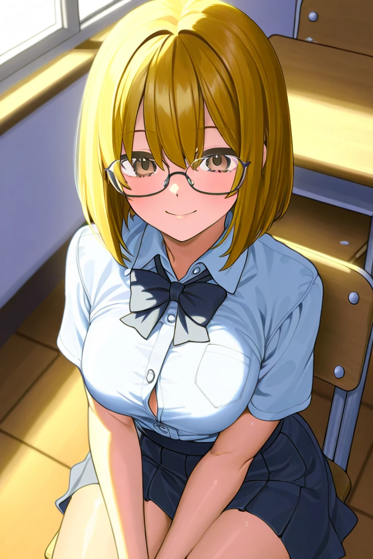masterpiece, best quality, 1 girl, (14 years old),underwear,yellow hair, short hair, hime cut, blue eyes, {{glasses}}, {{big breasts}},in class room,