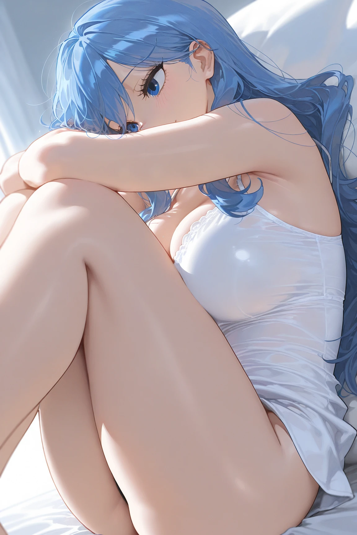 Blue hair,Lie down in bed,,Wearing thin white kini underwear,,enjoying,Blushed shyly,(White liquid flows down),Urgency to urinate,It looks painful,Wet,Feet open,Exposing the abdomen,Many tattoos are very thin,((White liquid)),(((comfortably))),(((((Revealed.45))))))