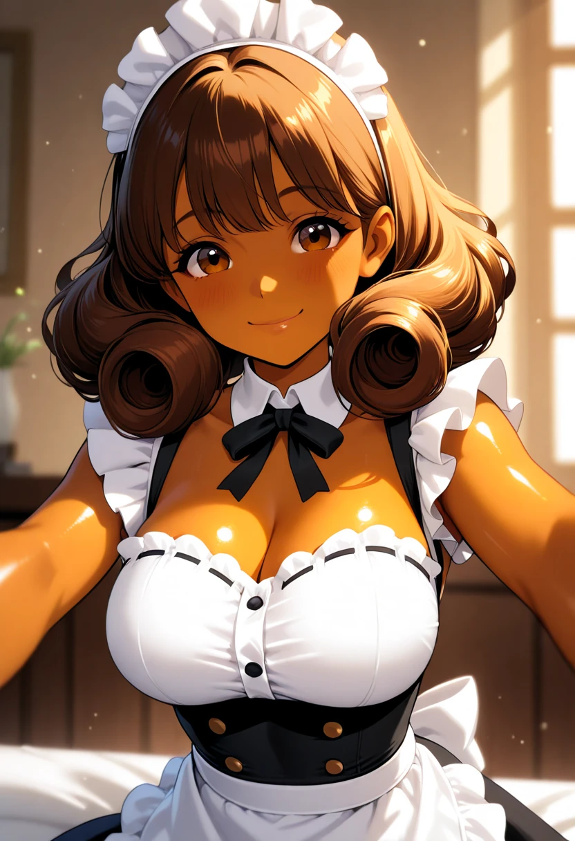 1girl, solo, hair ornament, (naked:1.3), (white apron), large breasts, cleavage, thighs, cafe background, (blushing:1.3), naga, brown hair, ponytail, golden eyes, dark skin, gal, naga, lewd, smirk