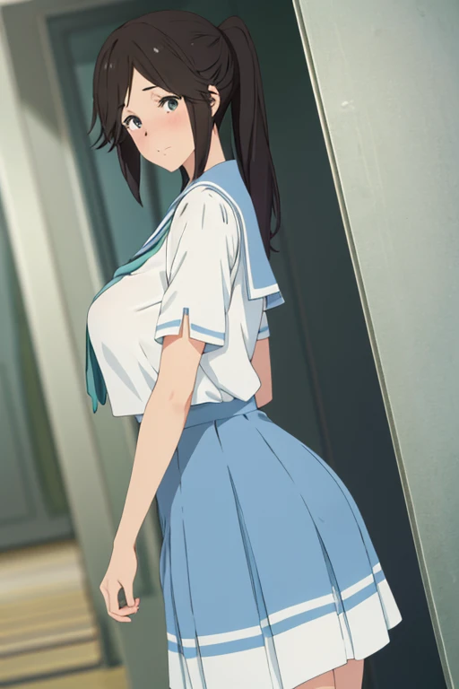 NSFW、（Sailor suit summer uniform、Short sleeve、Navy blue micro mini skirt、Navy Pleated Skirt、White mesh panties、Yellow tie、White Short Socks）、独奏、Women&#39;s High生、(Big Breasts、Big Tits)、Arms folded behind back、Spreading her legs:1.5、(Big Breasts、Big Tits)、(Black Hair、Very Short Hair、Boyish cut)、sitting、Women&#39;s High、classroom