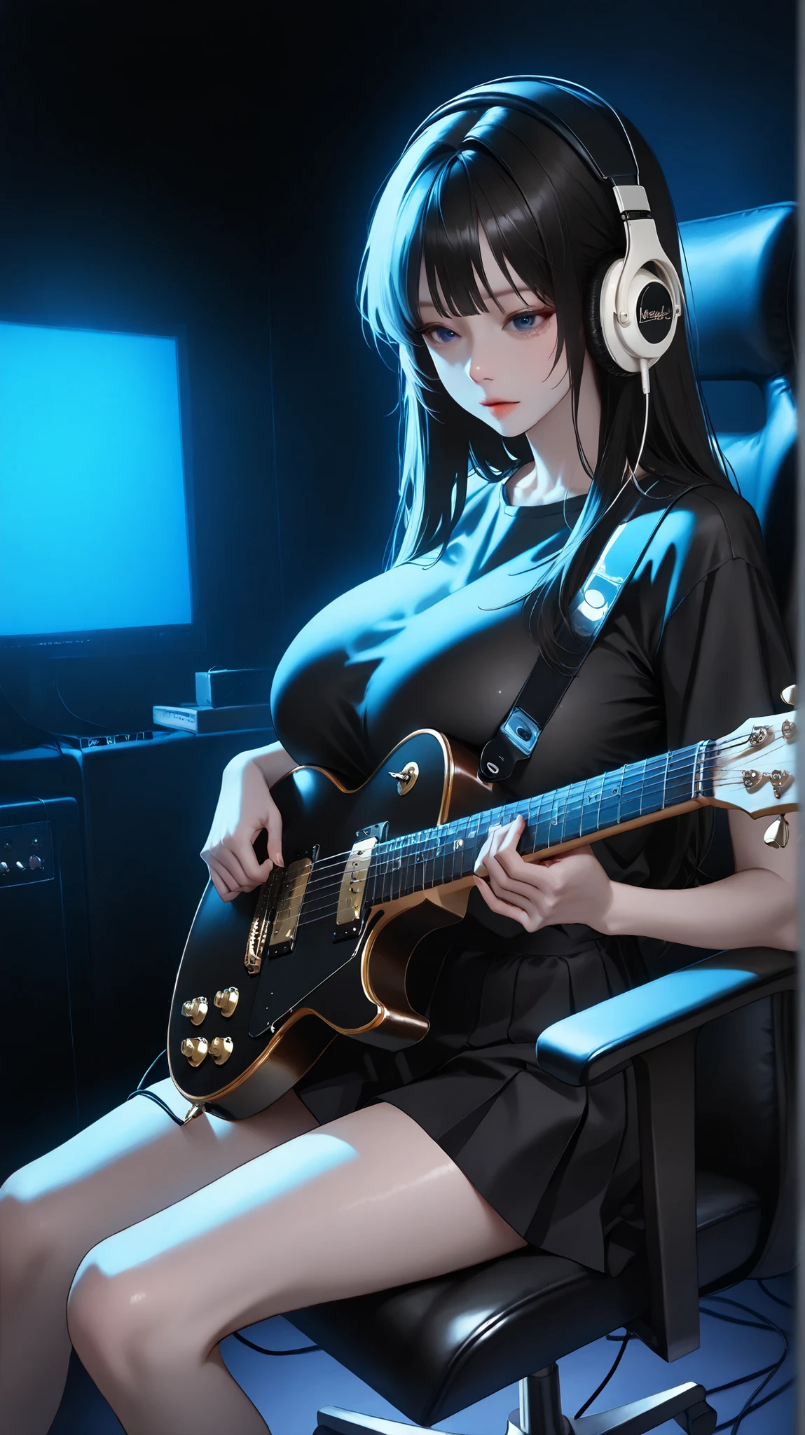 An android (lovely woman, sparkly exciting outfit, backlit eyes, neon joints) neon highlight guitar, performing in a nice cafe (safe for work)