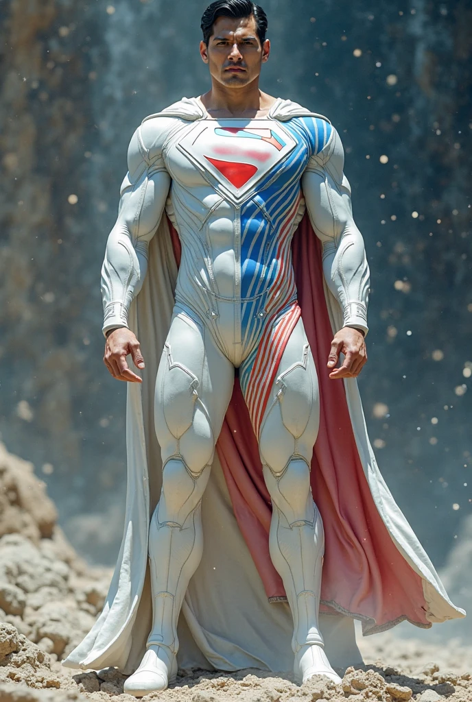 Full body photorealistic 4k, high resolution, best quality, masterpiece, perfect color, perfect shade, perfect lighting, Posted by e621, ((portrait)), ((handsome man young Superman)), perfect male figure, Short hair details,chest muscles,abdominal muscles,wearing white and silver tight fit latex spandex and gloves,Detailed face, perfect face, (stood up), Detailed background, ((Bonifasco Lighting)), (delicate eyes),),white hair