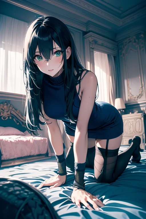 1girll，Black pajamas，inside bedroom，Lie down in bed，Young girls，go to bed