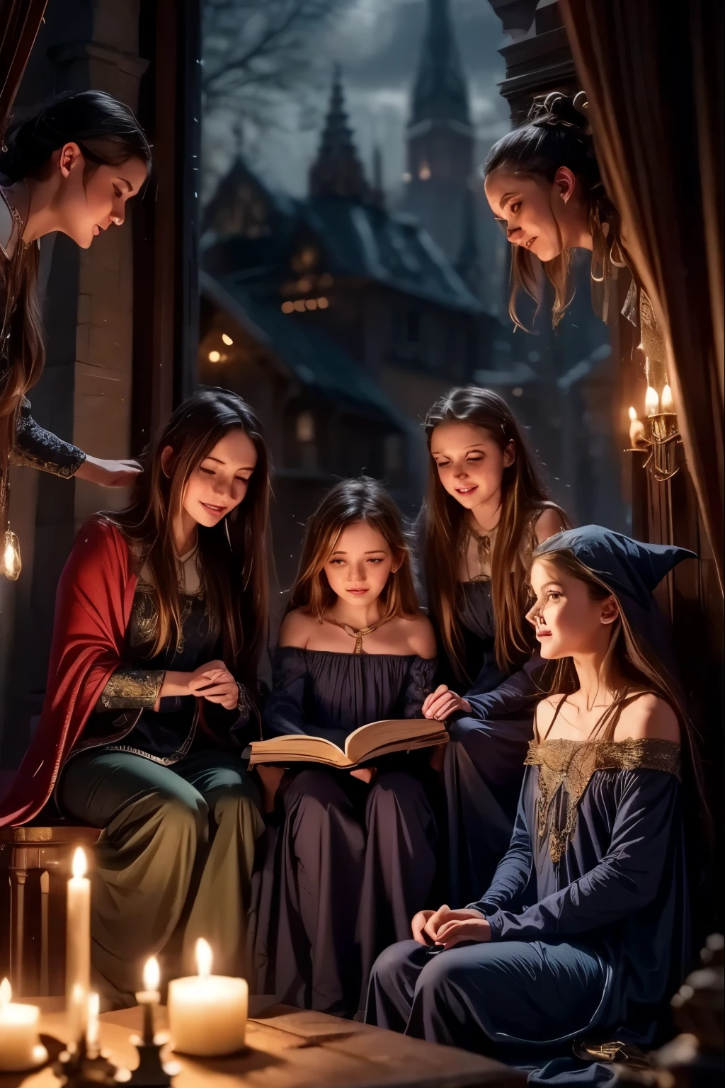 A majestic classroom of magic lit by floating candles and glittering spells. Four young witches, each representing one of the houses of the prestigious Eldoria Academy—Lumen, Umbra, Aether, and Terranova—are seated at their seats, concentrating on an advanced spell. At the center of the scene, Professor Selene Veyra, wrapped in an elegant midnight blue cloak, casts a powerful incantation, while objects levitate harmoniously around her. The atmosphere is charged with magic, with luminous trails dancing in the air and ancient tomes floating above the students. The style is intended to be detailed and fantasy-like, with bright colors and a touch of mystery.