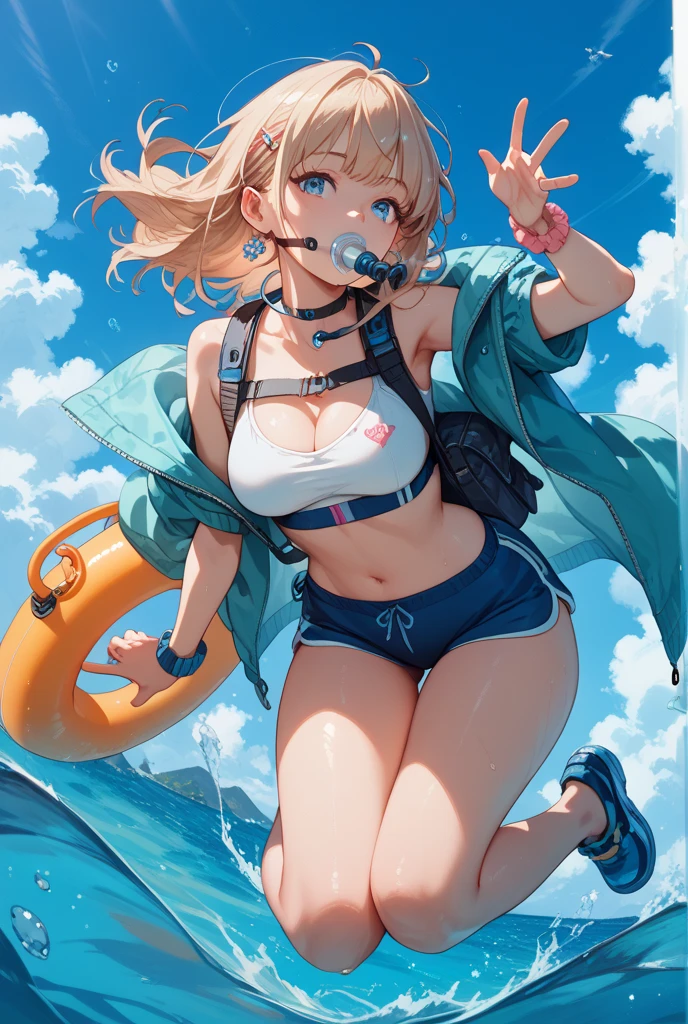 Wearing a bikini、Wearing a hat,Wearing headphones, (masterpiece, best quality) detailed,silver accessories , Blonde ,elegant, Pointed ears ，Chinese element pattern，Wear a white shirt,Navel exposed,Barefoot