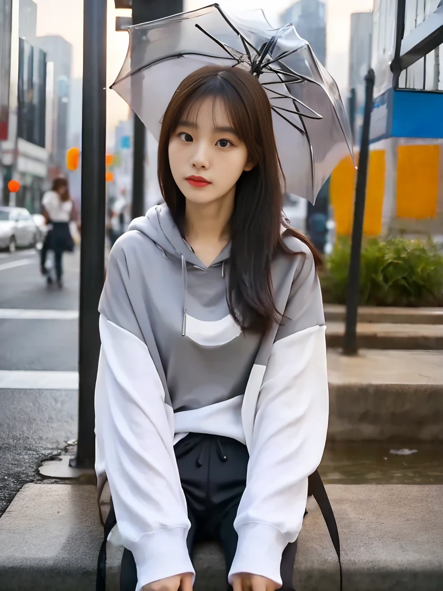 A dark-haired girl in a raincoat,Look at the camera evilly,sitting in the couch,best qualtiy, tmasterpiece, 超高分辨率, (realisticlying:1.5), RAW photogr, 1girll