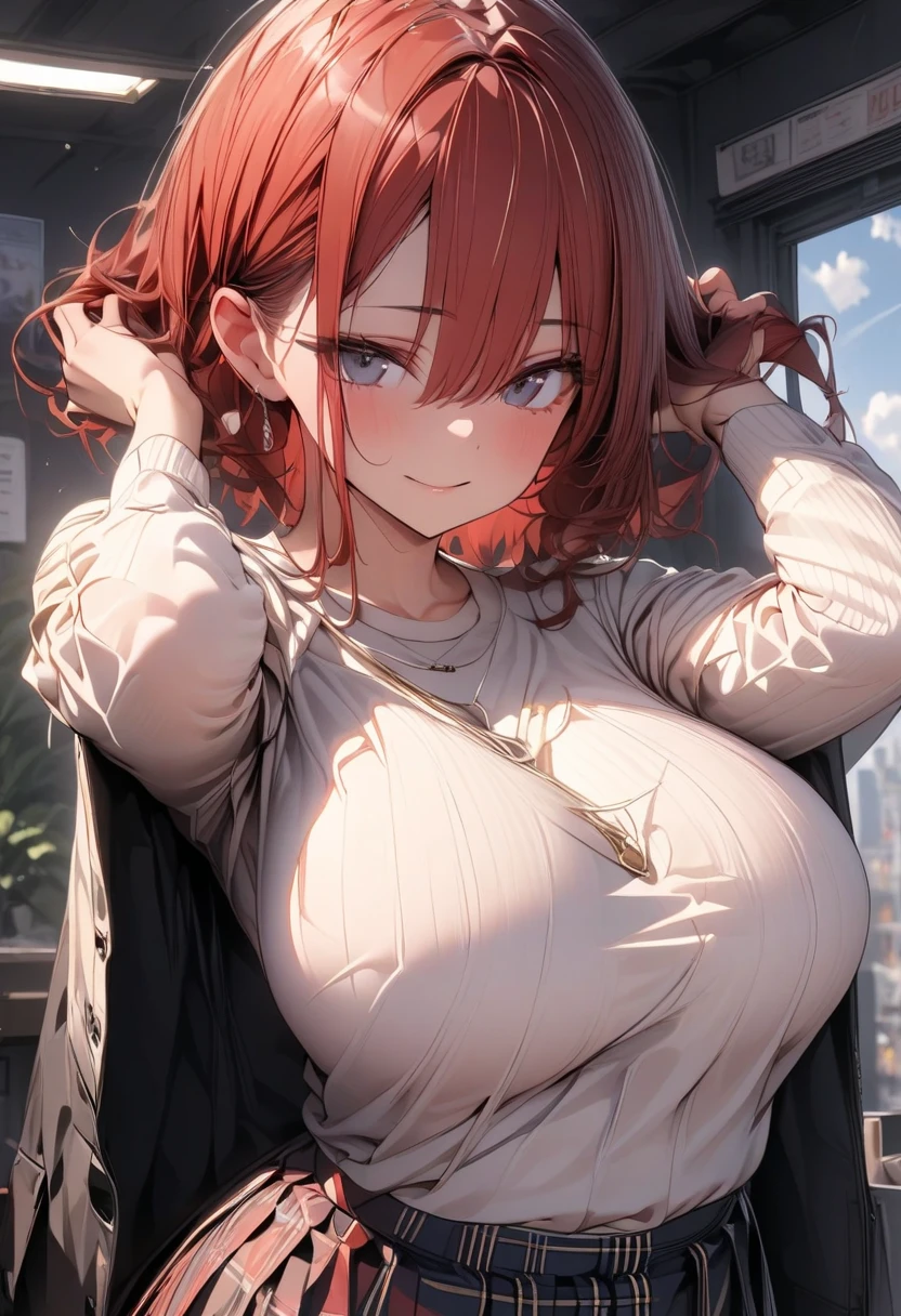1 girl, redhead,Messy Full Fringe Hairstyle , blue eyes,shaped pupils,big breasts,big breasts,cute,smile,Happy,heavy breathing,trembling,put your hand on your face,tight black hoodie, choker, slightly chubby