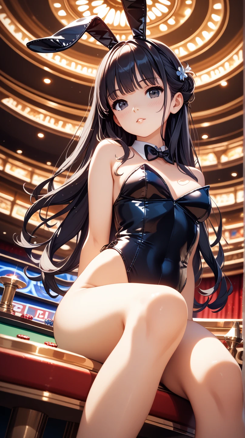 (8Kmasterpiece,highest quality:1.4),ultra high resolution,hyper detail
BREAK (1 girl),(16 years old),beautiful face,(red eyes),(sleepy eyes:1.35),(thick eyeliner:1.3),beautiful and delicate eyes,(thin and long eyelashes:1.3),artistic makeup,(perfect anatomy:1.5)
BREAK (black hair),(twin tail hair:1.2),(ahoge:1.2)
BREAK (closed eyes:1.2),(shy:1.2),(condescend laugh:1.3),(smug:1.3),(open mouth:1.2)
BREAK (slender body),(big breasts:1.3)
BREAK (luxury bunny girl costume,stripe of trumps:1.3),(white globe:1.2),(luxury accessory:1.2)
BREAK (She has a playing card and spreads it out to the audience:1.4)
BREAK (luxury casino:1.3)
BREAK depth of written boundary,(looking viewer:1.4),(vignette light:1.2),face shot,cowboy shot,(focused breasts),(extremely close up:1.2),pov