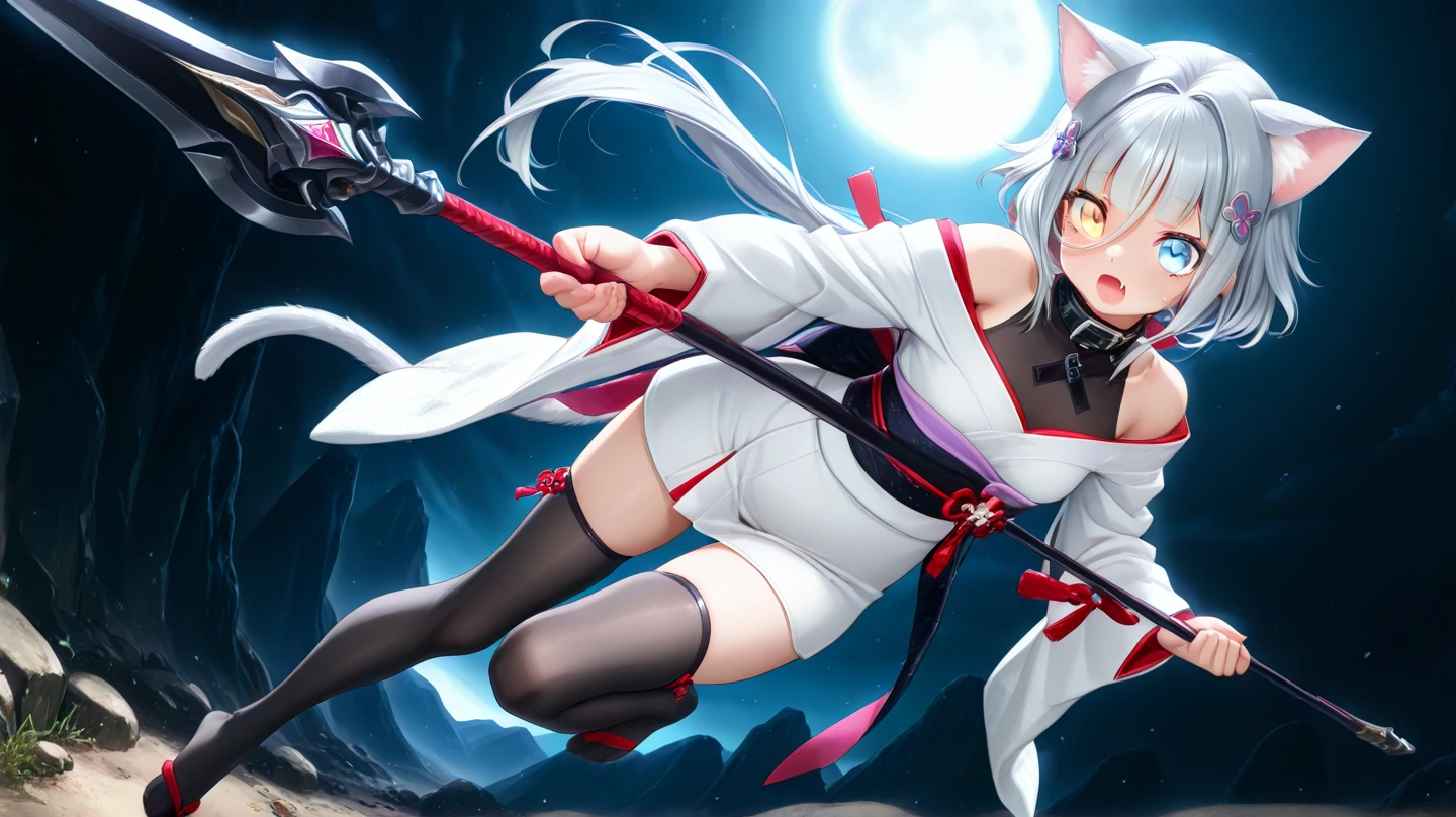 Motion blur, Depth of field,Gray world,Blue Moon,Big trees that bend and hover,The moonlight shone on the side of the girl's face,22 year old,realisticlying,Female Taoist,no-bra,vacuum,Extra-long sleeves,Off-the-shoulder attire,huge tit,cleavage,Full length of colorful hair,Color gradient for long hair,Messy hair,Barefoot,realskin,realcumAI,Snow-white skin,Snow-white thighs,Top image quality,Extreme light and shadow,Colorful tights,High details,Standing painting,lines of movement,Panorama sword dance,Dance,komono,Hold the katana horizontally,combats,