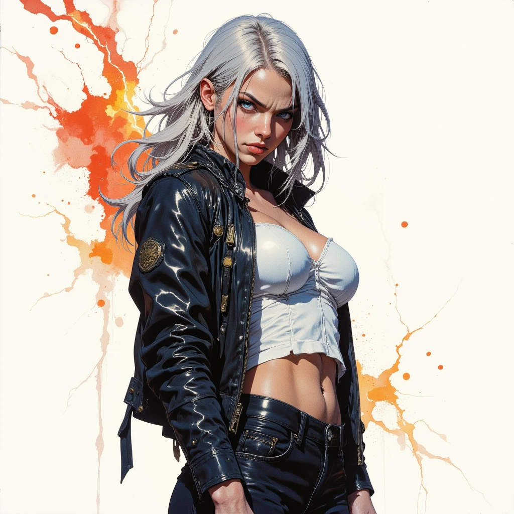 (beste-Qualit), (tmasterpiece), (Gloomy color scheme:1.5), ((Close-up of a girl in a T-shirt and shorts)), 1girl in T-shirt and shorts, ((bare buttocks)), androgynous vampire, junji ito 4 k, with long gray hair, ito junji art, style of junji ito, portrait of sadako of the ring, Gentle androgynous princess , Beautiful androgynous princess, Streetwear, ((with her long white hair:1.5)), stocklings, (big yellow eyes:1.3), fangs, detailing, (generous cleavage), Burst breasts, extra high resolution, 8K, (The blood on her lips runs down her neck), (Lovely Medium Breasts), perfect anatomy, (Gloomy color scheme:1.5), (shapely body), Microthongs, Beautiful slender legs, sexypose, (Hands Behind Your Back:1.2), (Looking down), (The gaze is directed downwards), (Night Sky Background: Red Moon)