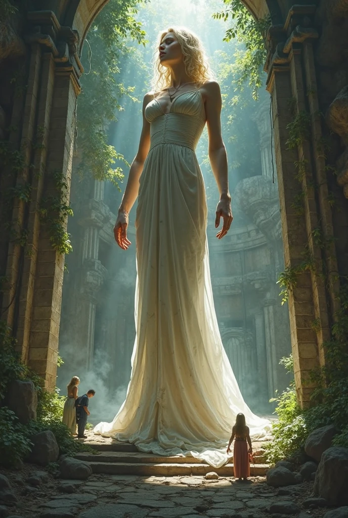 ((High definition, Masterpiece, 8k, Digital Photography, Digital Art)), ((Natural illumination)), contrast, white illumination, A young giantess walking over the ruins of an ancient city, young face, pale skin, blonde hair, nature, (panoramic view)