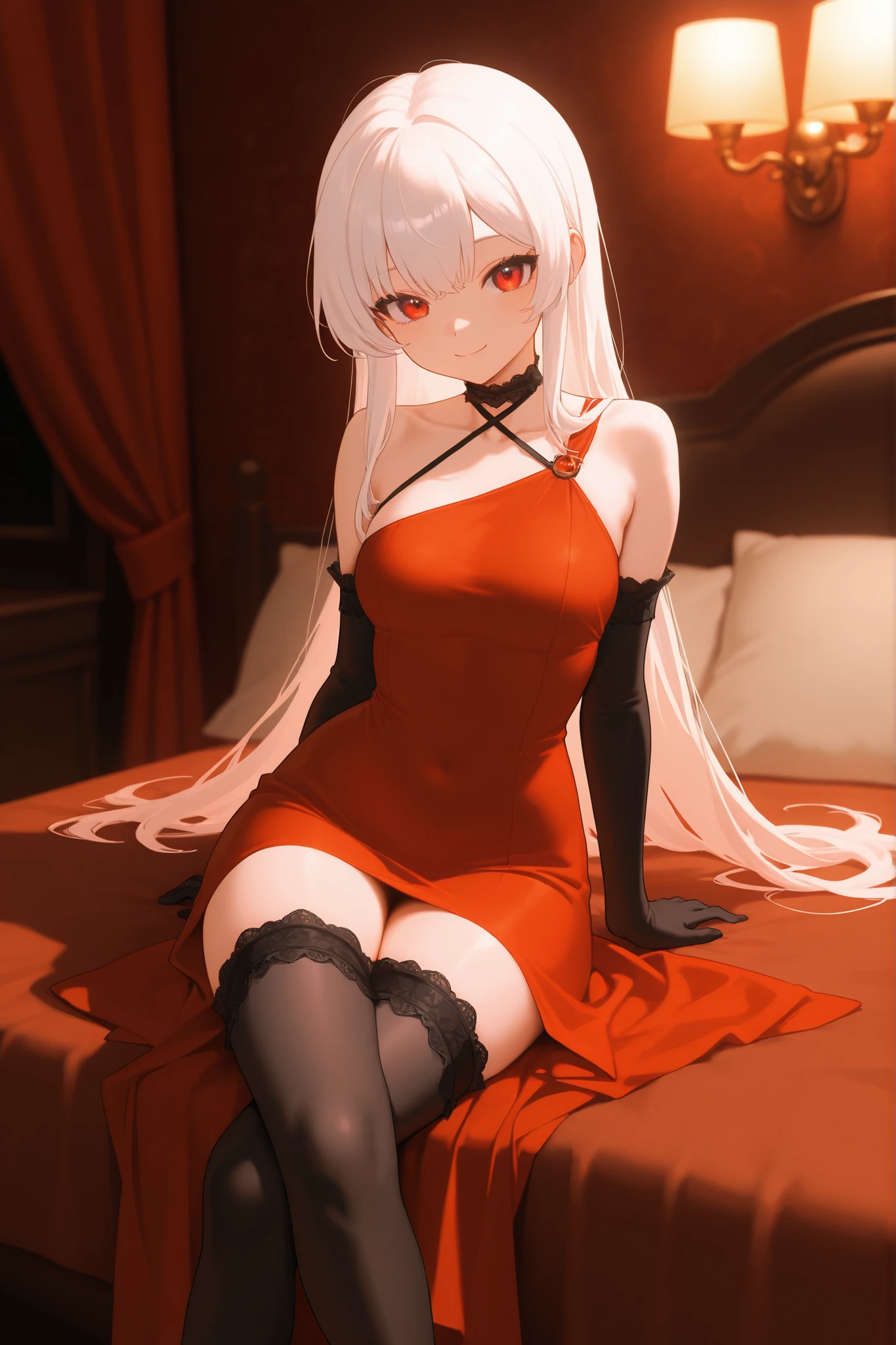 1girl, sozinha, cabelo branco, olhos azuis, (((Pale skin))), realista, 1girl, very pale, loiro, twintail, olhos azuis, rubor, red neck ribbon, perto do rosto, gemendo, gothic lace corset sundress, calcinha de renda vermelha, meias, corpo longo e esguio, corpo sedutor, mostrando muita pele, seios grandes, pose sexy bonito, pose sexy, bunda alegre, bunda redonda, flores, cinematografia escura, mood lighting, cinematic lighting, volumetric lighting