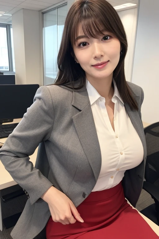 ((Best image quality、8K、masterpiece:1.3))、whole body,Beautiful legs,Realistic high-quality photos、Highest quality、pretty girl、Well-groomed face、40 Talent、、suit、smile、secretary,Beautiful breasts,lipstick,Glossy mouth,blouse,skirt、ィスsuit、Formal attire、Her emotional landscape reflects her psyche、summer、Japanese、Professional photography、Sexy face、Obedient face,Open jacket, office lady, グレイsuit, skirt