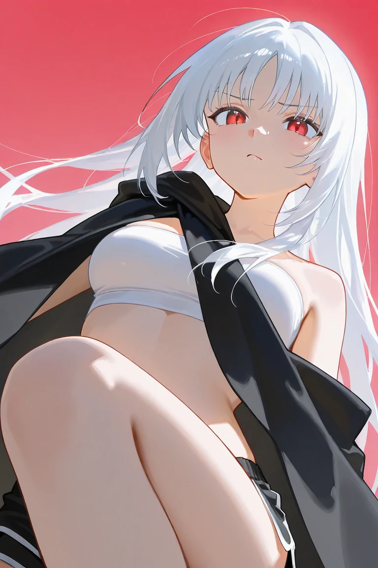 in style of Santiago Caruso,in style of Hans Hartung
(1girl ),white hair,(UnderBoob:1.1),red background,alternate hairstyle,covered chest curtain tassel,blunt bangs,short side hair,incredibly long low pony tail,Absurd artistic,gravure_pose,black hindbrain bow
