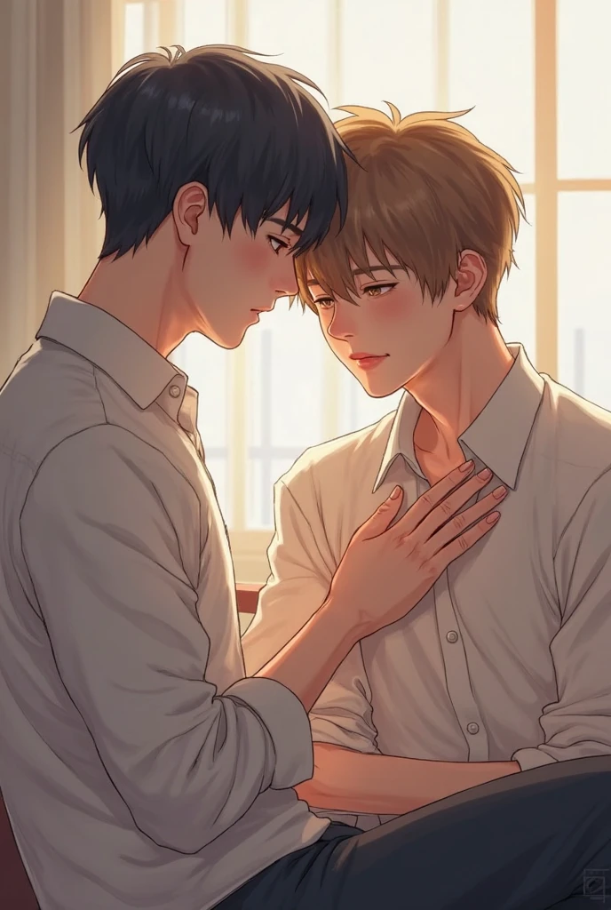 8k, detailed, ART digital , style anime, 2boys, two young people in a loving moment, kissing, Koreans, Both are wearing a white dress shirt and blue dress pants, the boy who is sitting on the other's lap has his hand on his face, both on the couch.