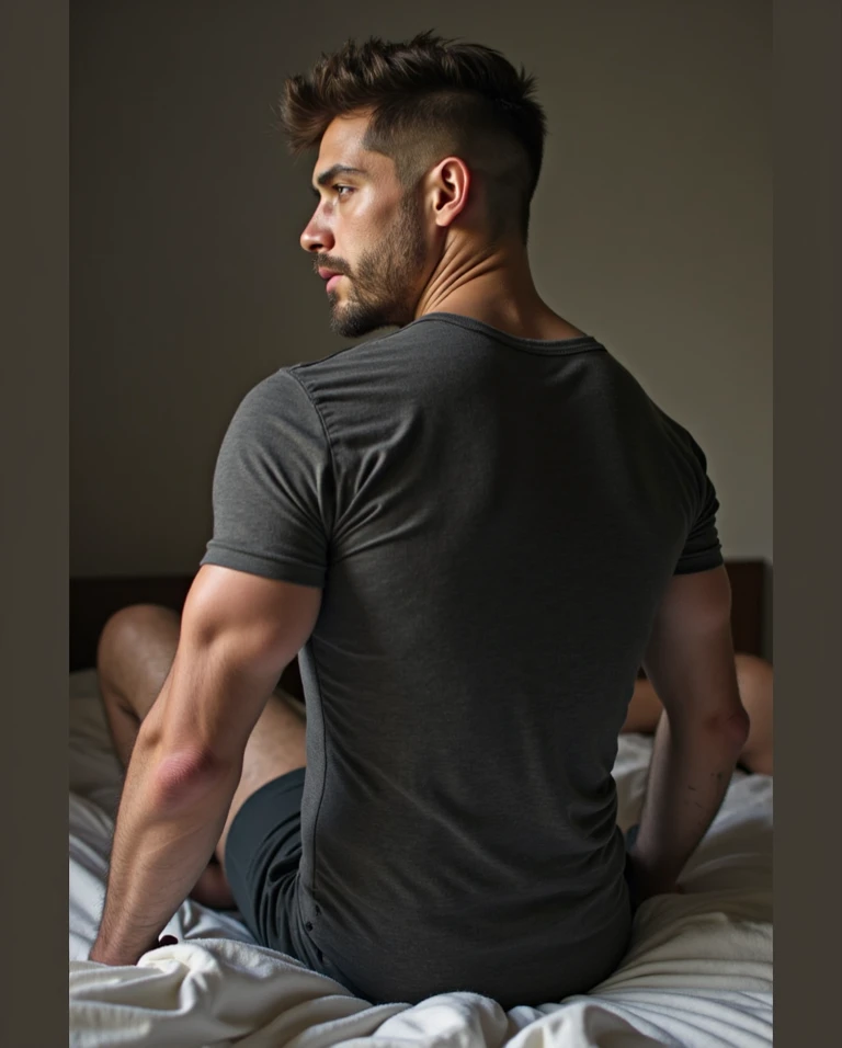 Base model of a handsome indian man, homoerotic, masterpiece, c, handsome face, posing for photo shoot, ultra HD, 16k resolution, handsome face, beautiful eyes, messy hair, sitting on a sofa, homoerotic, nsfw ,ass, butt cheeks ,thighs , head to thighs on focus only ,tank tops,shy expression